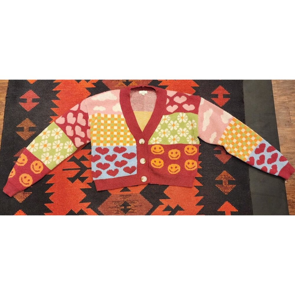 Debut Colorful Patchwork Cottage, Twee Cropped Cardigan 3 Button Debut Small - Picture 7 of 16